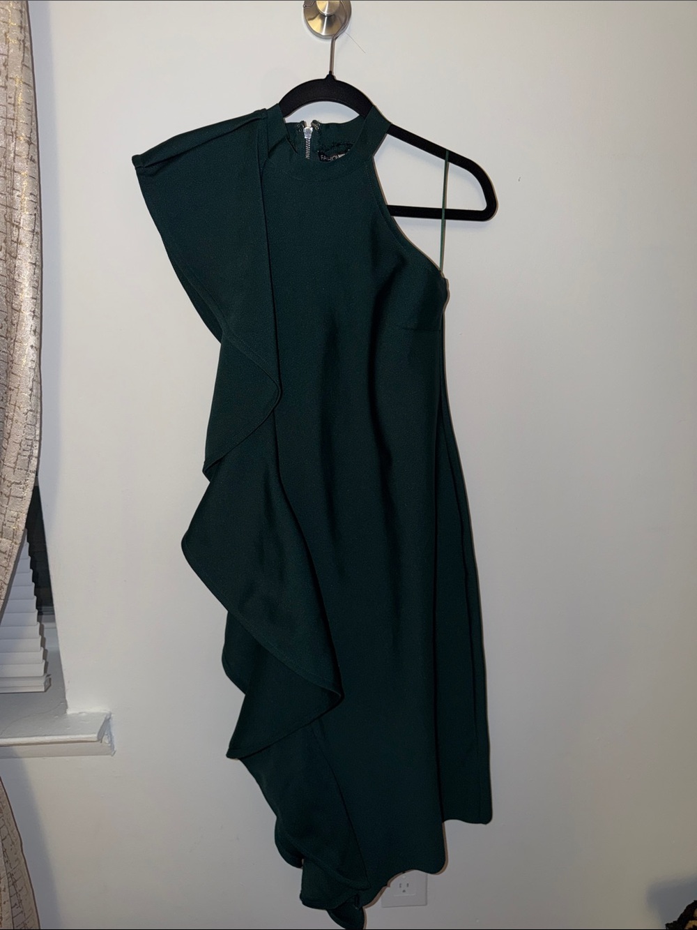 Fashion Nova Dark Green One-Shoulder Ruffle Dress